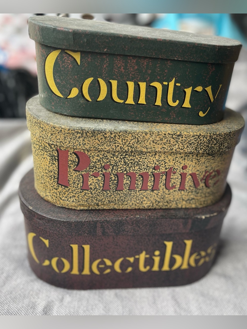 Stacked Primitive Country Collectibles Decorative Boxes - Yellow, Green, Brown
